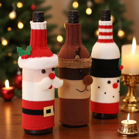 Wine Bottle Decorations - 3 Pieces - Wine Bottle Sleeves - Wine Bottle Bags - Christmas Decorations - Cartoon Knitted Old Man and Snowman Wine Bottle Sleeves - Festive Restaurant Decorations