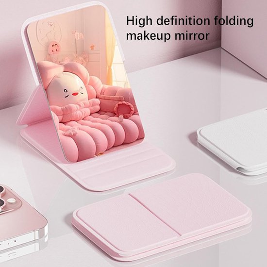 Frameless High Definition Makeup Mirror - Foldable Travel Mirror - Portable Makeup Mirror with Soft PU Leather Cover - Suitable for Bedroom, Bathroom & Travel（Pink）