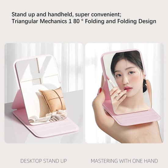 Frameless High Definition Makeup Mirror - Foldable Travel Mirror - Portable Makeup Mirror with Soft PU Leather Cover - Suitable for Bedroom, Bathroom & Travel（Pink）
