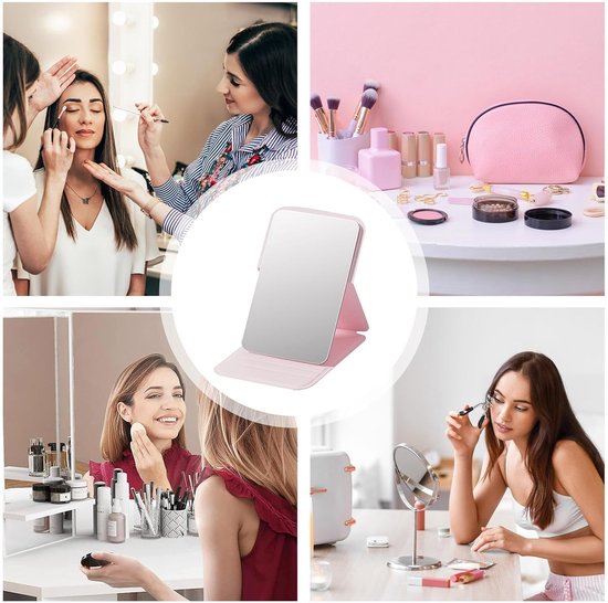 Frameless High Definition Makeup Mirror - Foldable Travel Mirror - Portable Makeup Mirror with Soft PU Leather Cover - Suitable for Bedroom, Bathroom & Travel（Pink）