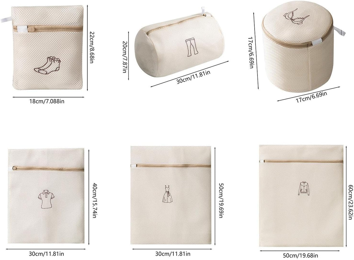 6 Pack Mesh Laundry Bags with Zipper, Delicate Clothes Washing Nets for Lingerie, Socks, Towels and Travel Storage, White