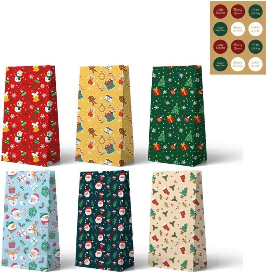 24 Pack Kraft Paper Christmas Gift Bags with Festive Prints and Sealing Stickers for Treats, Small Presents and Party Favours