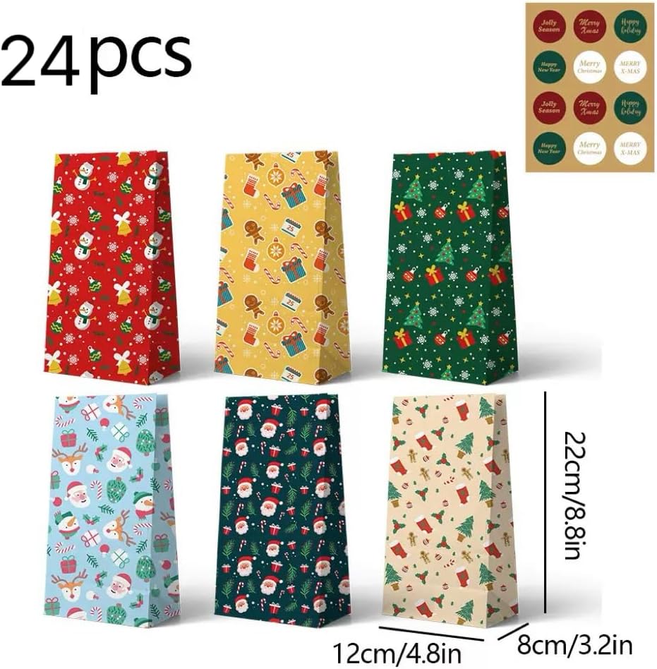 24 Pack Kraft Paper Christmas Gift Bags with Festive Prints and Sealing Stickers for Treats, Small Presents and Party Favours