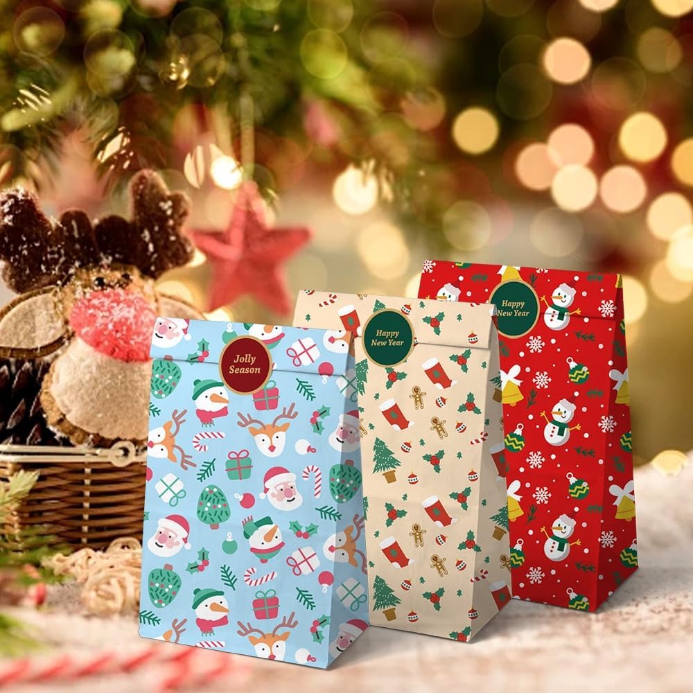 24 Pack Kraft Paper Christmas Gift Bags with Festive Prints and Sealing Stickers for Treats, Small Presents and Party Favours