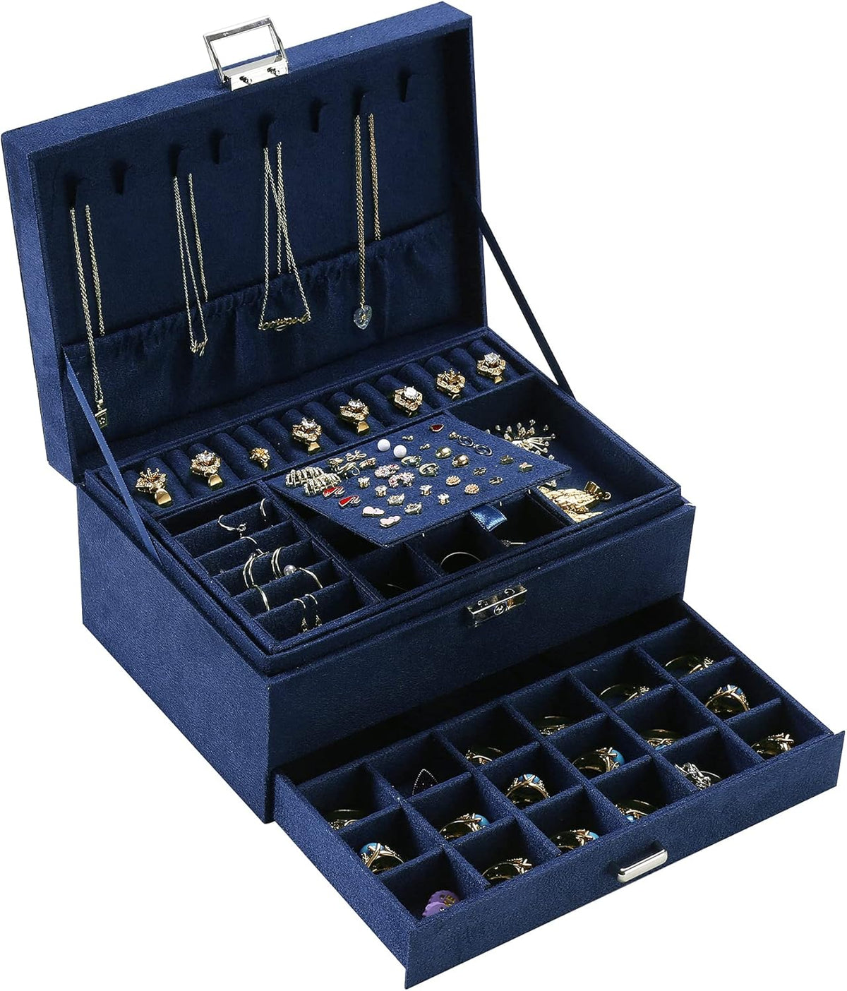 3-Layer Velvet Jewellery Box with Lock, Large Storage Organiser with Drawers and Compartments for Rings and Watches, Blue