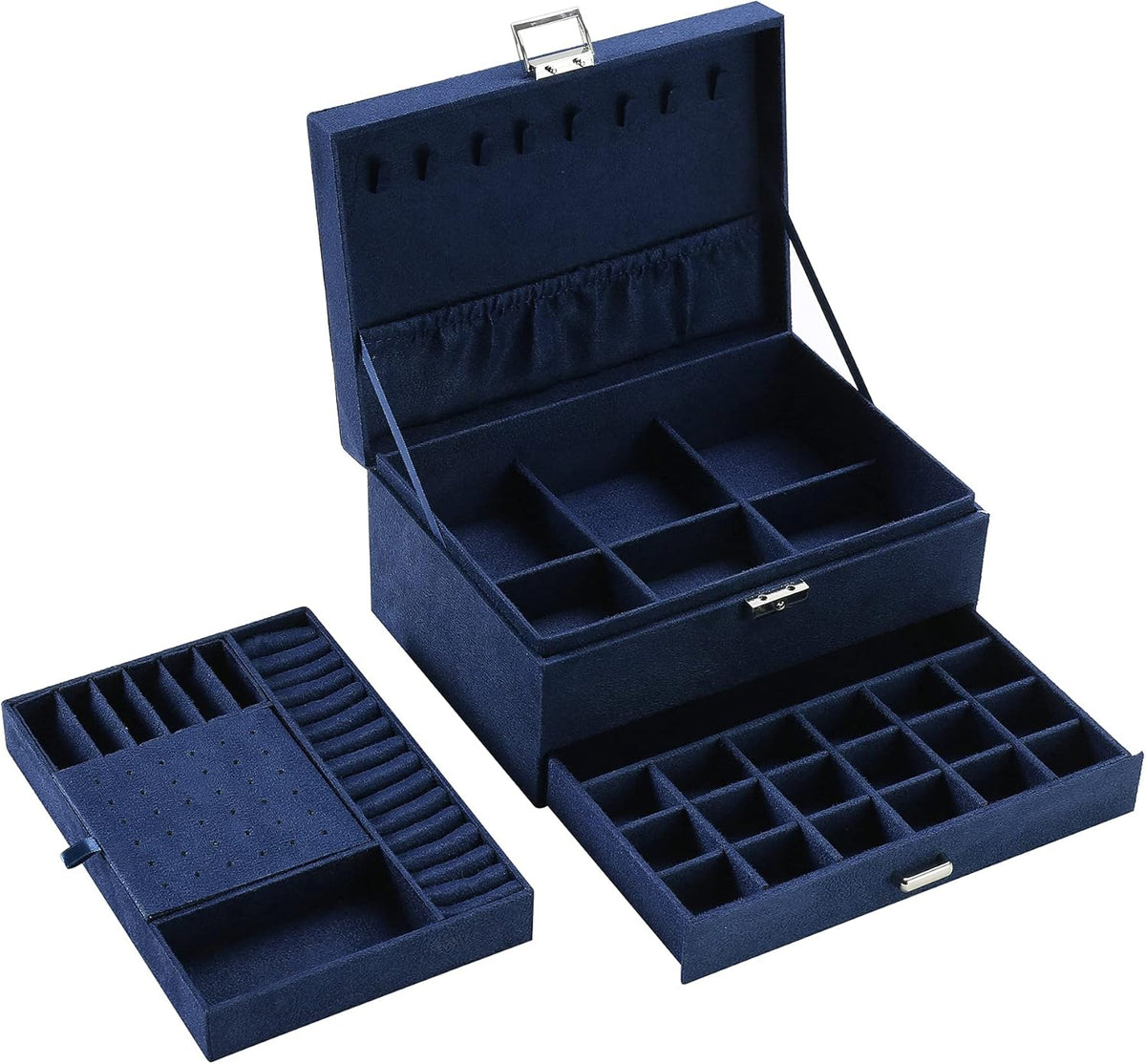3-Layer Velvet Jewellery Box with Lock, Large Storage Organiser with Drawers and Compartments for Rings and Watches, Blue