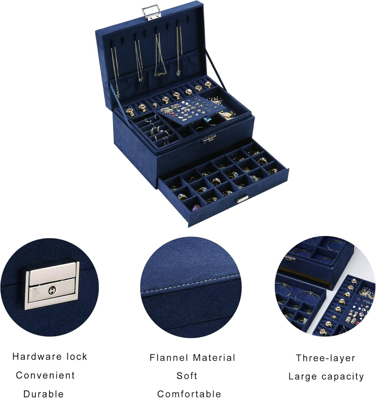 3-Layer Velvet Jewellery Box with Lock, Large Storage Organiser with Drawers and Compartments for Rings and Watches, Blue