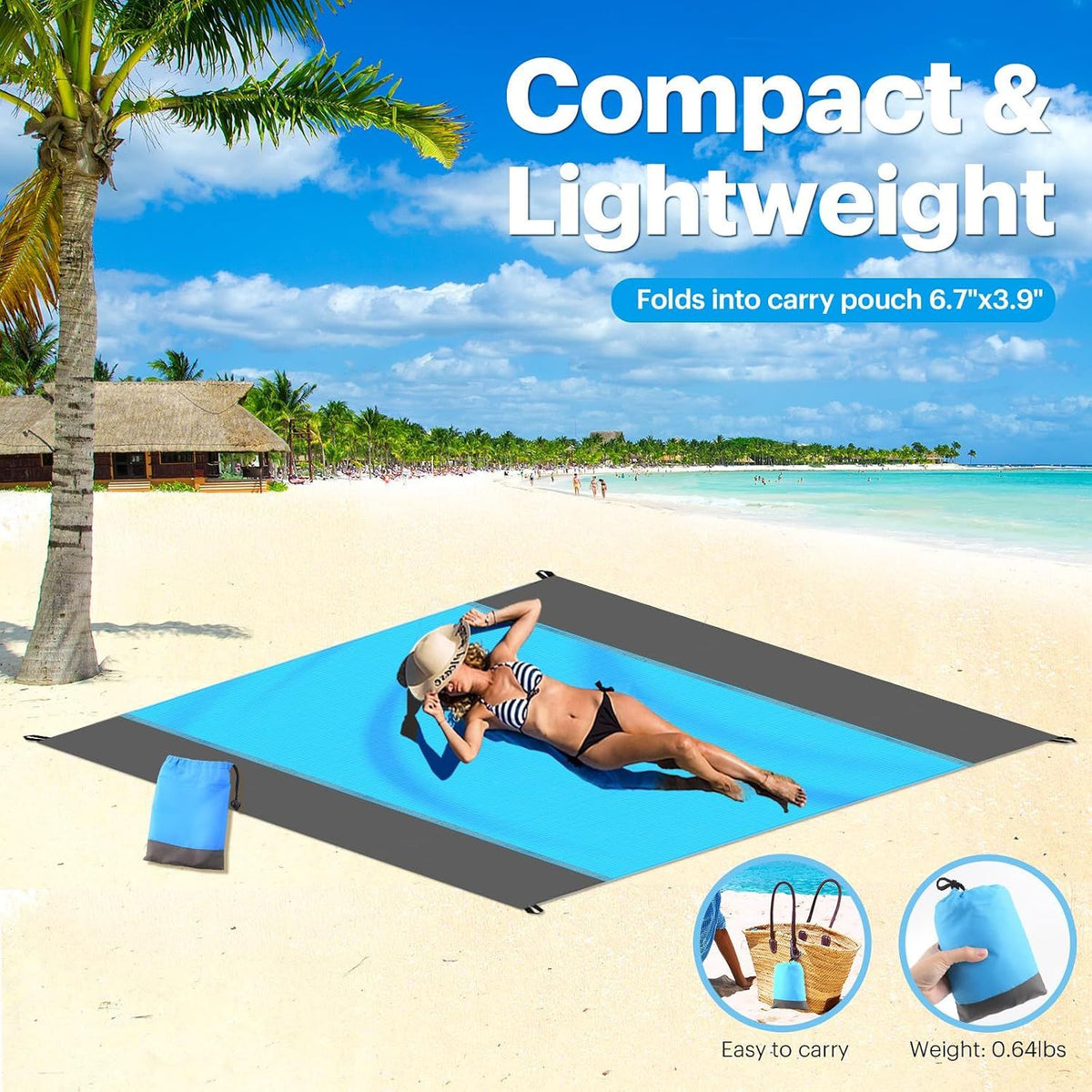 Oversized Sandproof Beach Blanket, Water Resistant Picnic Mat for Camping, Hiking, Travel and Family Beach Days, Blue, 200 x 210 cm
