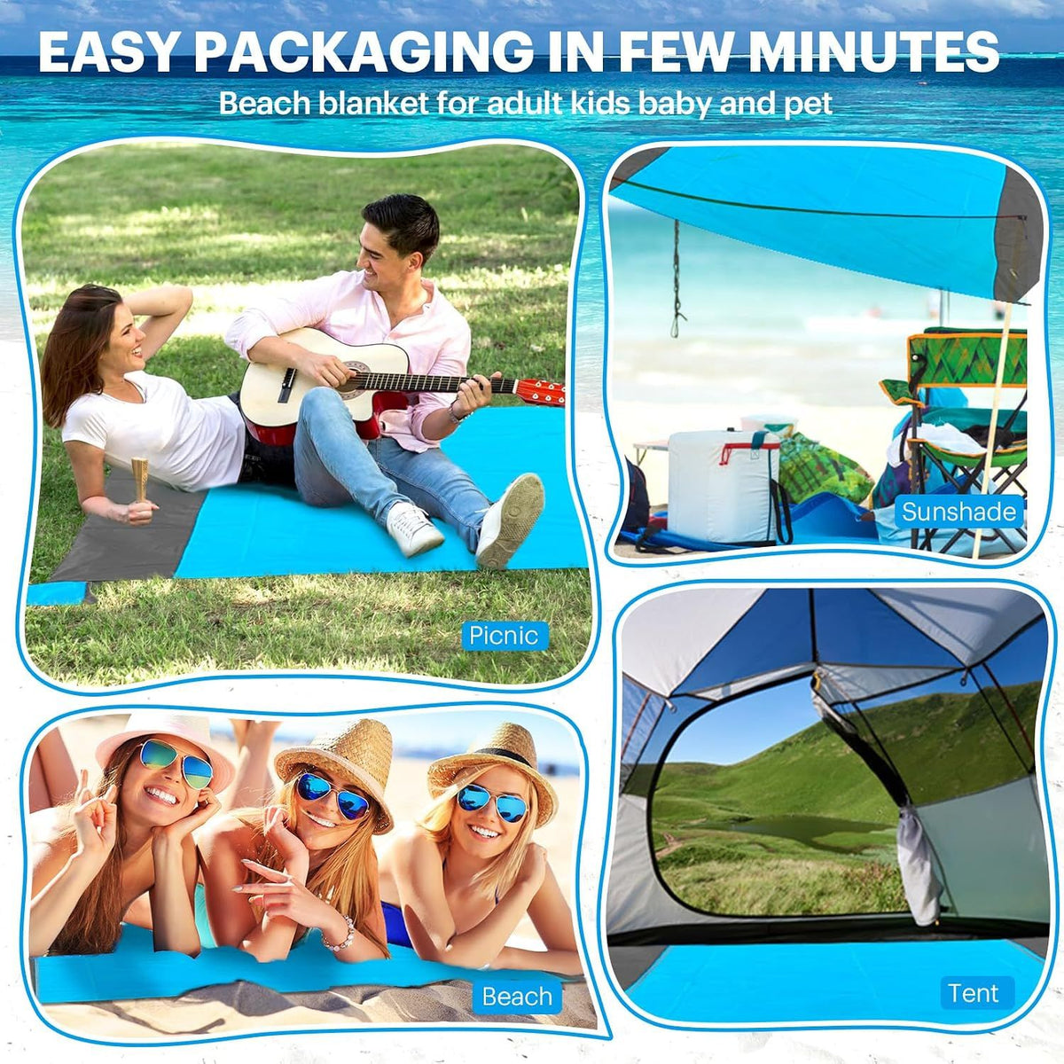 Oversized Sandproof Beach Blanket, Water Resistant Picnic Mat for Camping, Hiking, Travel and Family Beach Days, Blue, 200 x 210 cm