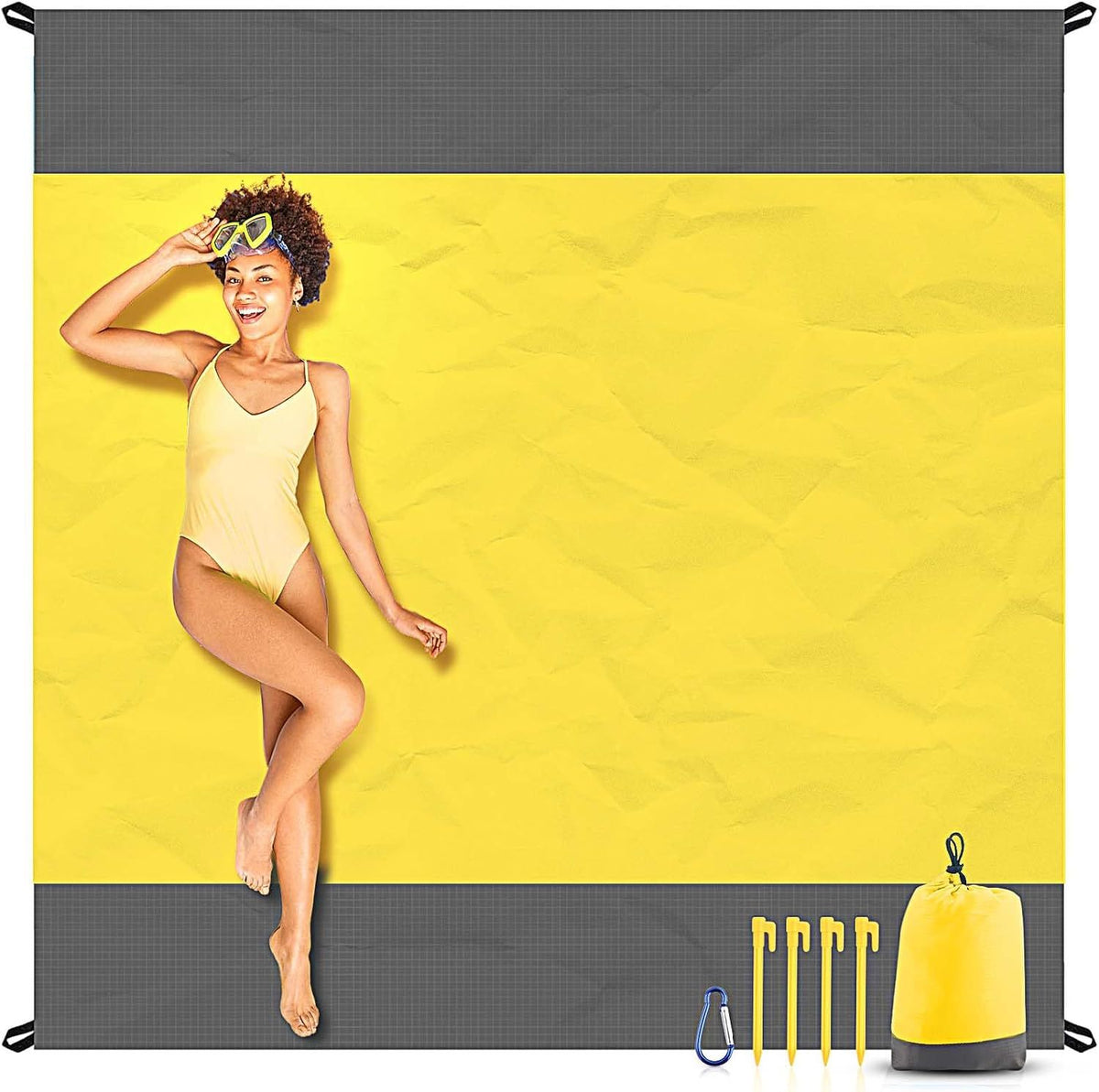 Oversized Sandproof Beach Blanket, Water Resistant Picnic Mat for Camping, Hiking, Travel and Family Beach Days, Golden Yellow, 200 x 210 cm