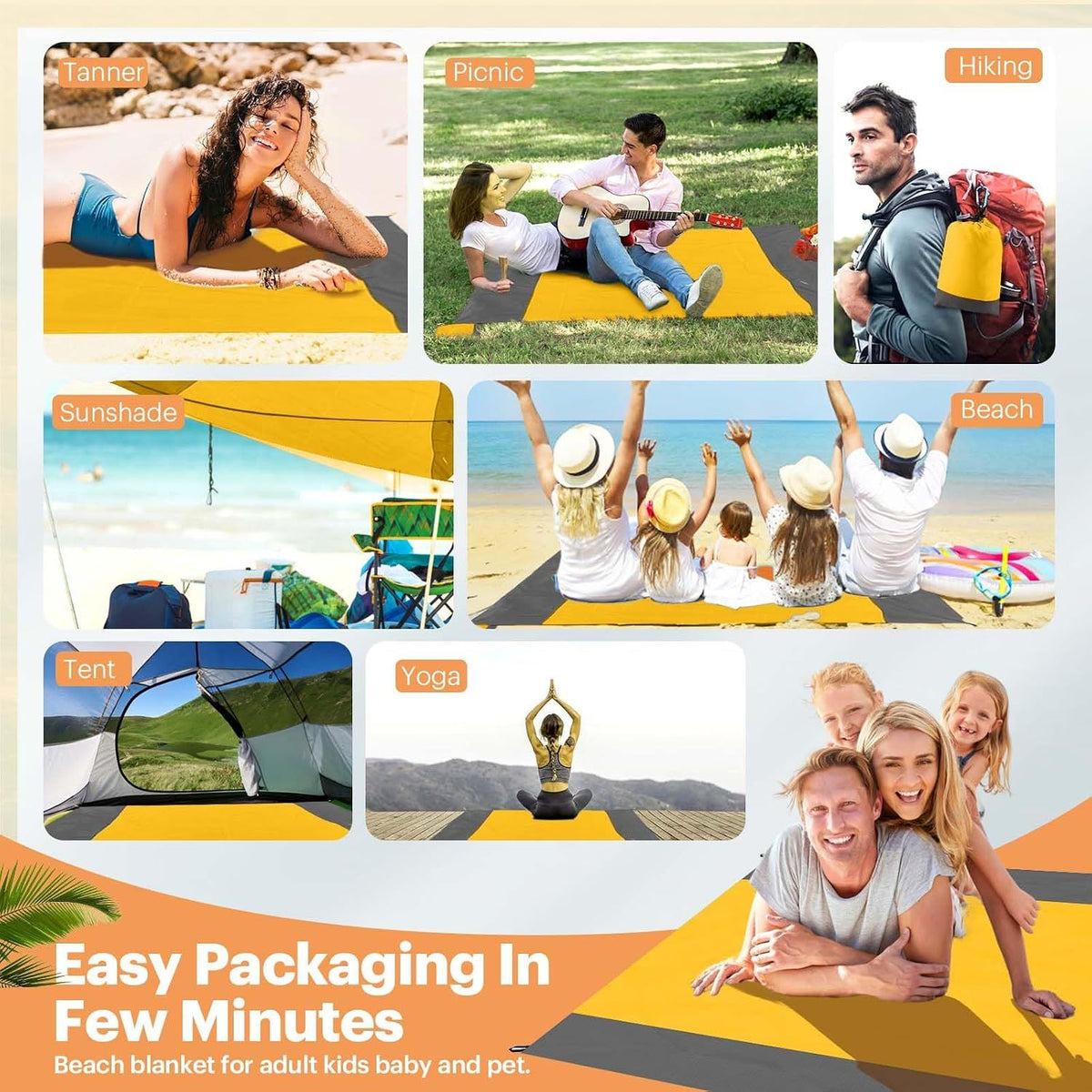 Oversized Sandproof Beach Blanket, Water Resistant Picnic Mat for Camping, Hiking, Travel and Family Beach Days, Golden Yellow, 200 x 210 cm