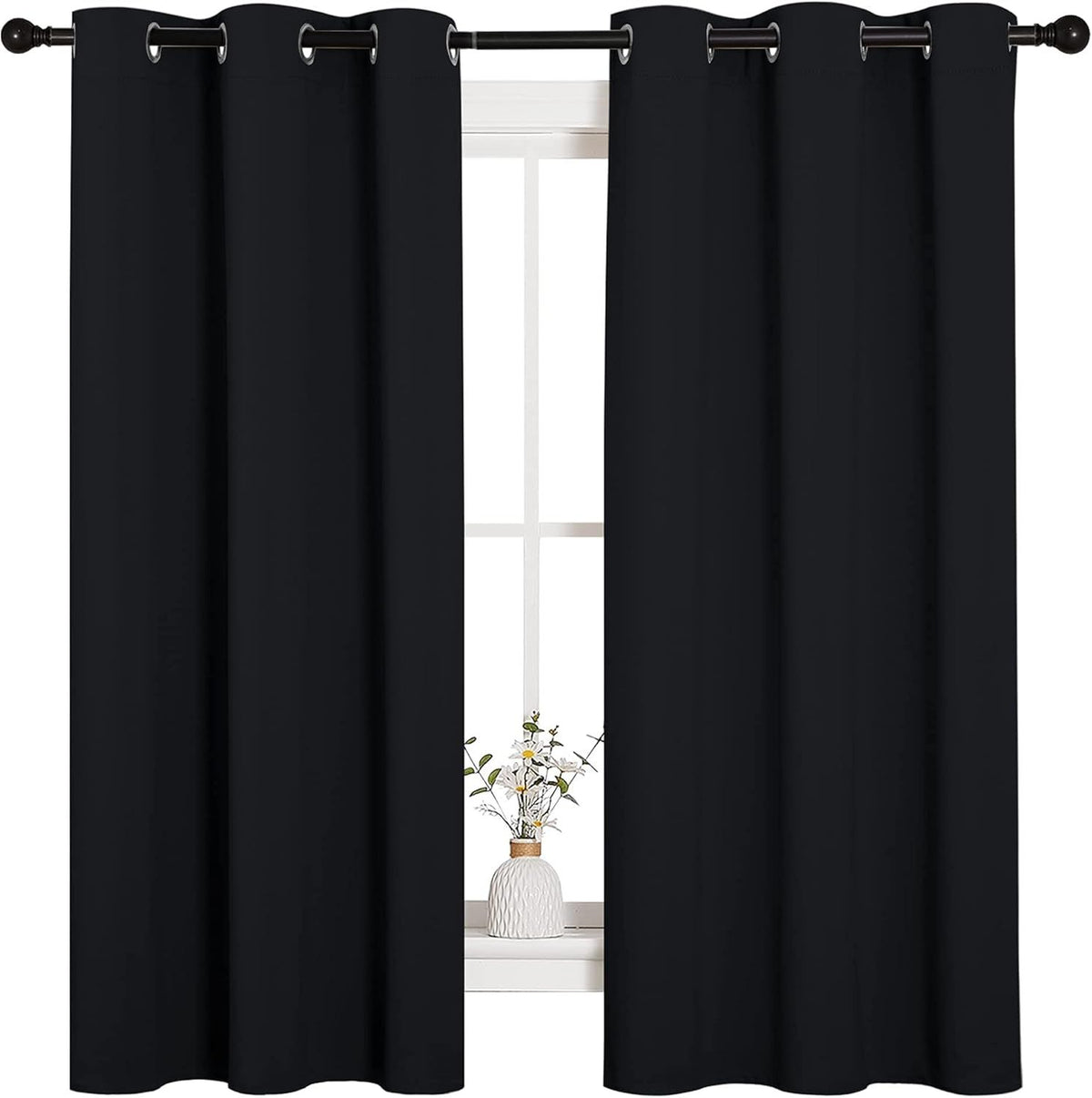 2 Pack Blackout Curtains for Bedroom, Thermal Insulated Grommet Drapes for Light Blocking, Noise Reduction and Kitchen Windows, Black, 106.7 x 160 cm
