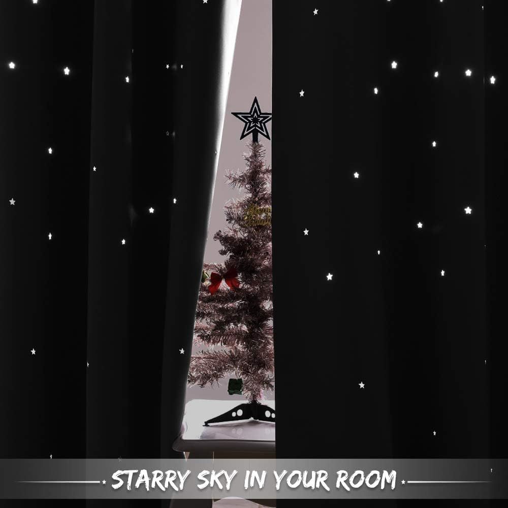Hollow Star Blackout Kids Curtain, Single Laser-Cut Nursery Window Panel for Bedroom and Playroom, Black, 132 x 160 cm