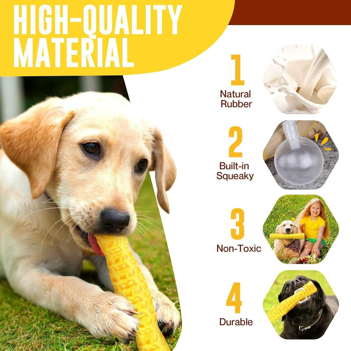 Dog Squeaky Toys Interactive Dog Toys for Aggressive Chewers Tough Rubber Chew Toys for Medium/Large Breed, Yellow