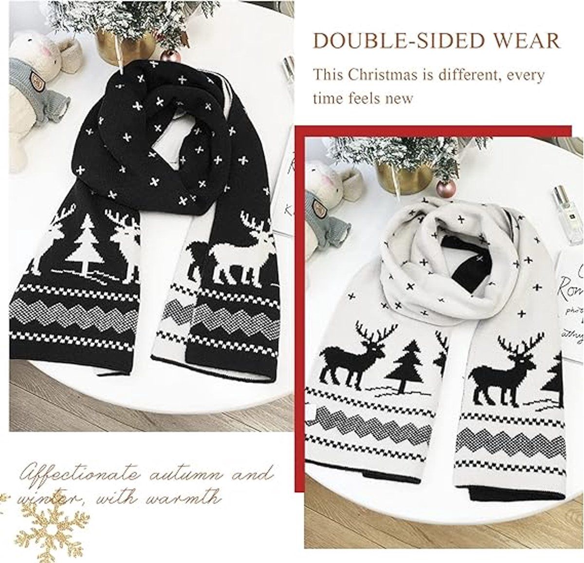 Warm Winter Scarf, Christmas Gift Neck Scarf, Double-sided Knit Scarf, Christmas Tree Moose, Perfect for Christmas and Winter Holidays, Black