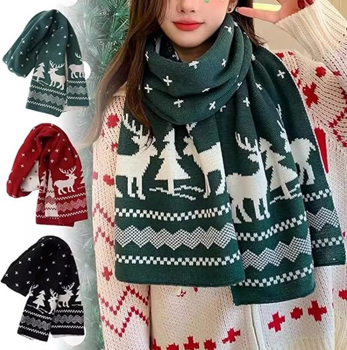 Warm Winter Scarf, Christmas Gift Neck Scarf, Double-sided Knit Scarf, Christmas Tree Moose, Perfect for Christmas and Winter Holidays, Black
