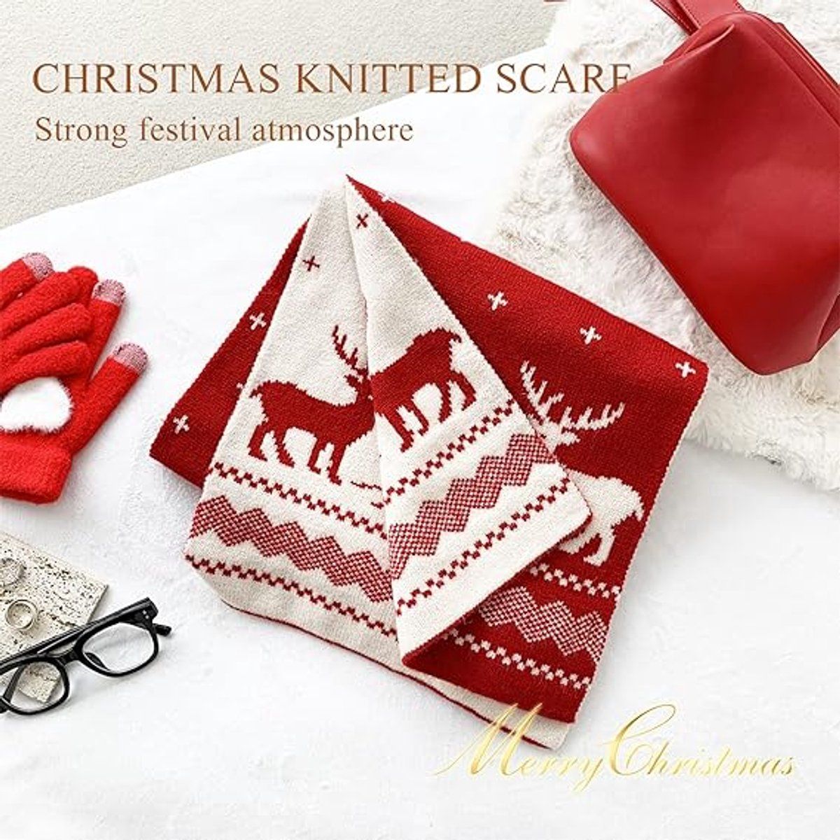 Warm Winter Scarf, Christmas Gift Neck Scarf, Double-sided Knit Scarf, Christmas Tree Moose, Perfect for Christmas and Winter Holidays, Red