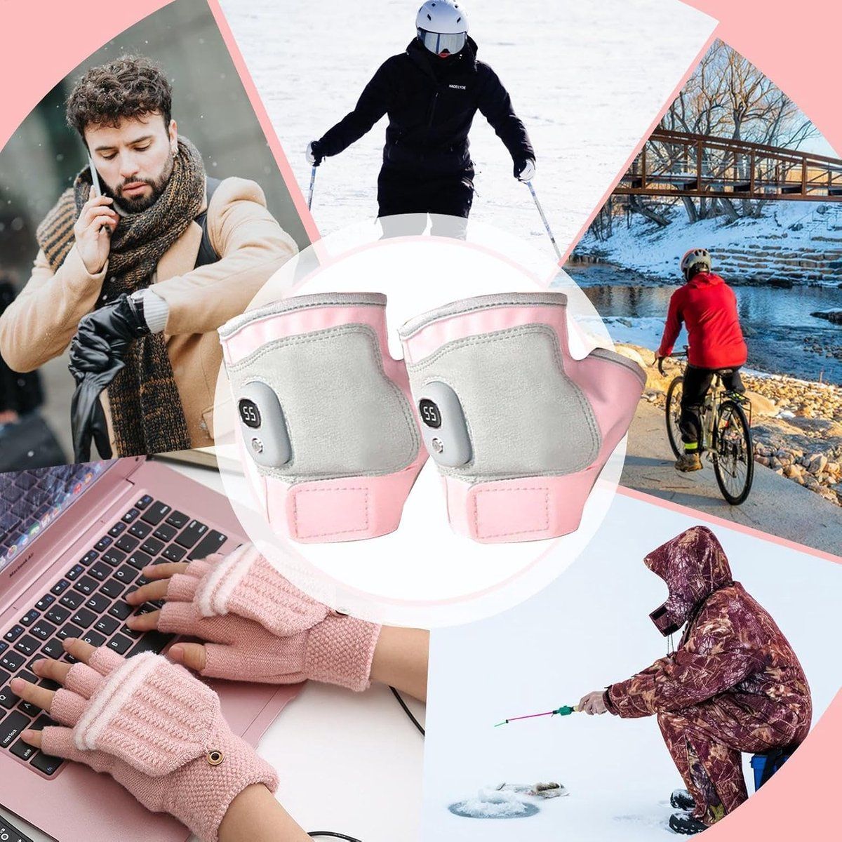 Heated Gloves, Electric Gloves, Heated Winter Gloves, for Winter Riding, Commuting and Outdoor Scooter Use, 15 x 9 cm, USB, Pink