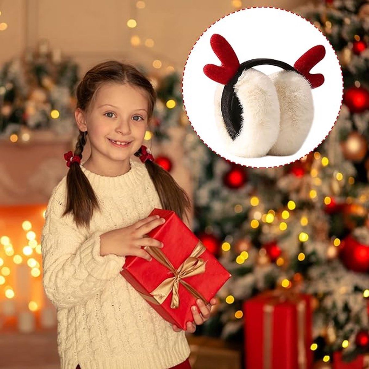 2 Pack, Foldable Deer Antler Earmuffs, Plush Winter Christmas Ear Warmers for Outdoor Activities and Holiday Wear, Diameter 14 cm, Red and Beige
