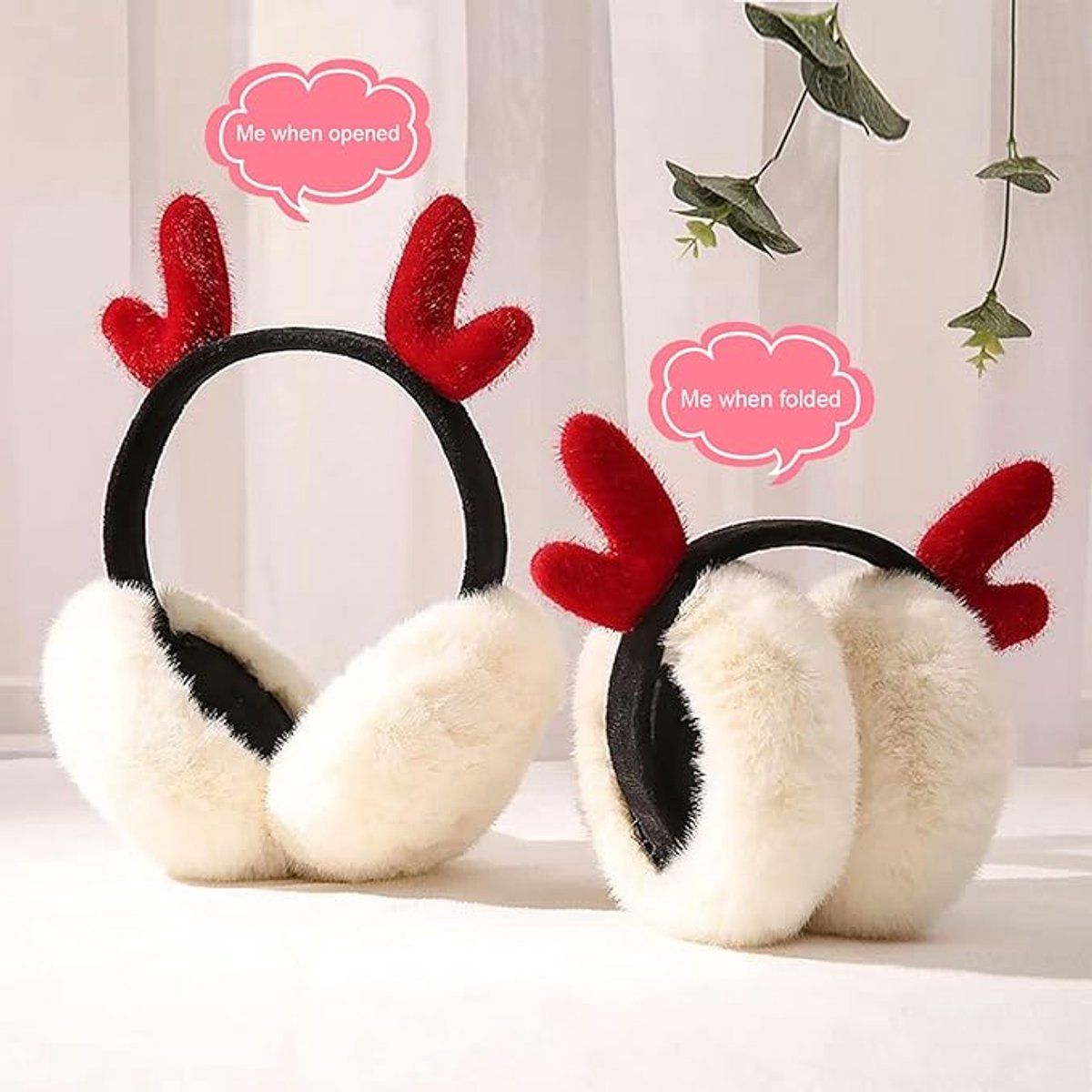 2 Pack, Foldable Deer Antler Earmuffs, Plush Winter Christmas Ear Warmers for Outdoor Activities and Holiday Wear, Diameter 14 cm, Red and Beige