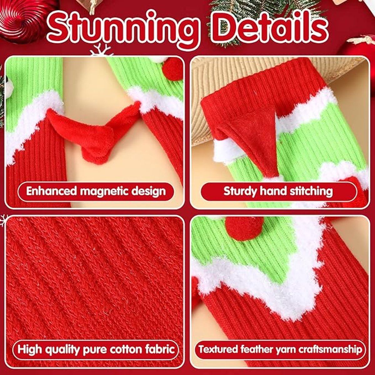 4 Pairs, Christmas Socks for Men and Women, Magnetic Hand-Holding Holiday Crew Socks Set with Festive Cartoon Design, 20x6x2 cm, Red
