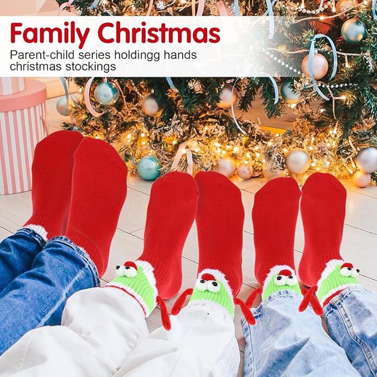 4 Pairs, Christmas Socks for Men and Women, Magnetic Hand-Holding Holiday Crew Socks Set with Festive Cartoon Design, 20x6x2 cm, Red