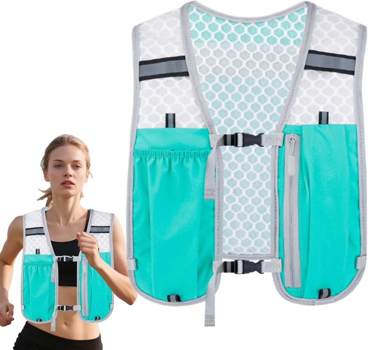 Reflective Running Vest with Phone Holder, Hydration Bladder Pocket and Adjustable Straps for Cycling and Marathons, Turquoise and White