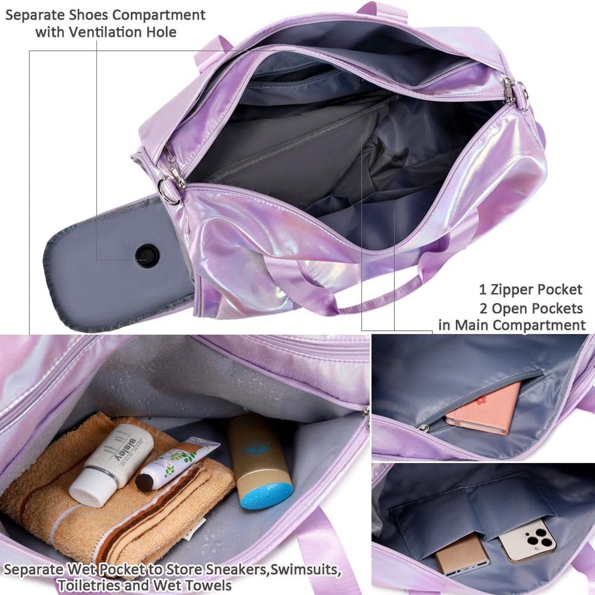 Women's Sports Bag, Girls' Sports Bag, Sports Bag with Shoe Compartment, Waterproof Sports Bag, Children's Dance Kit, Women's Weekend Bag, Purple