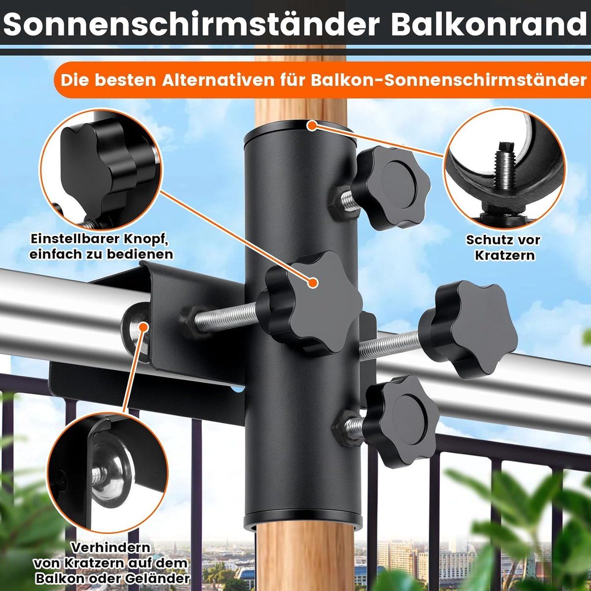 Adjustable Metal Balcony Parasol Bracket, Sturdy Clamp‑on Umbrella Holder for Ø23‑38 mm Poles, Space‑Saving Mount for Balcony Railing, Patio