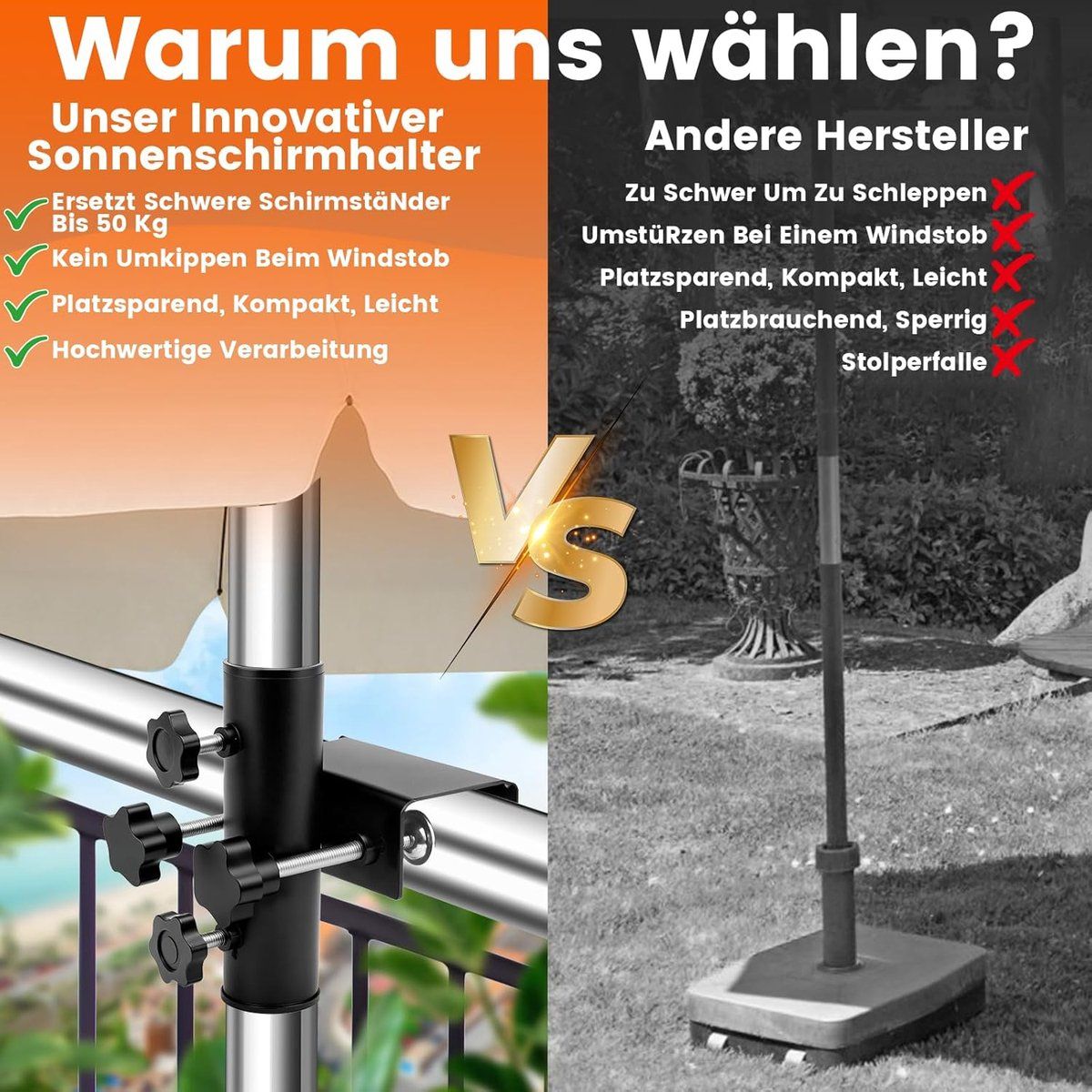 Adjustable Metal Balcony Parasol Bracket, Sturdy Clamp‑on Umbrella Holder for Ø23‑38 mm Poles, Space‑Saving Mount for Balcony Railing, Patio