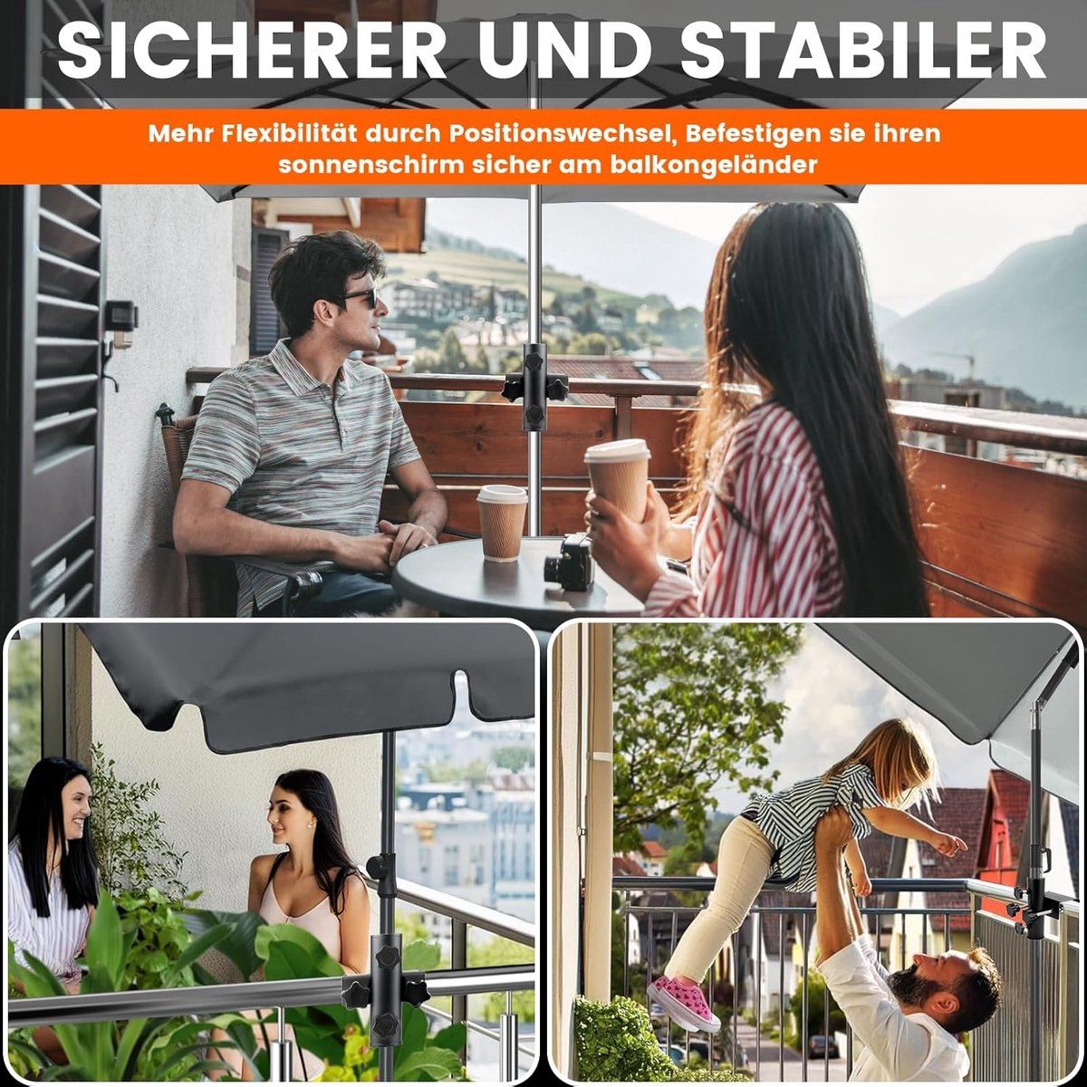 Adjustable Metal Balcony Parasol Bracket, Sturdy Clamp‑on Umbrella Holder for Ø23‑38 mm Poles, Space‑Saving Mount for Balcony Railing, Patio