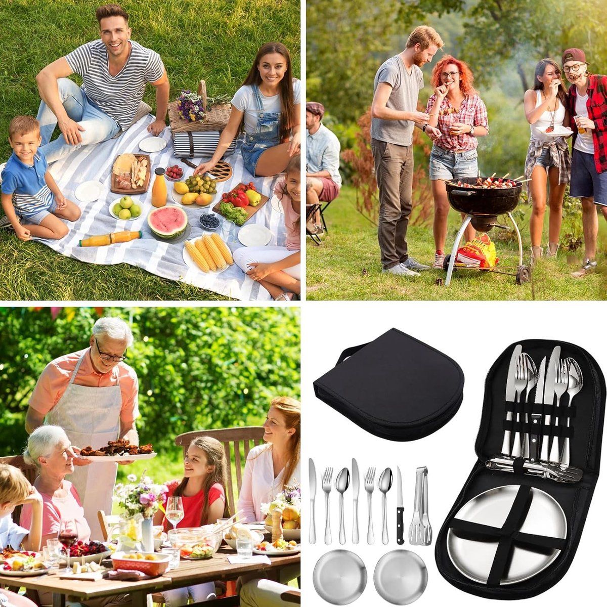 10 Pieces Stainless Steel Camping Cutlery Set with Forks, Spoons, Knives, Plates, Clip and Storage Bag for Outdoor Travel, Hiking and Picnics
