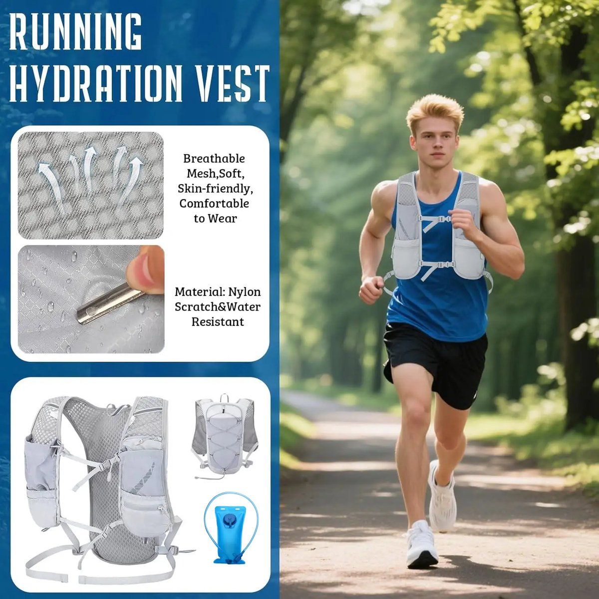 Womens Hydration Running Vest with Reflective Stripes, Breathable Backpack with 2 L Water Bladder for Walking and Cycling, Black