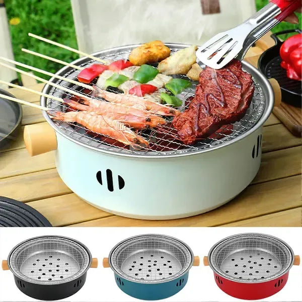 1 Piece Portable Charcoal Grill, Tabletop Iron BBQ with Removable Grate for Indoor Camping, Home Barbecues and Parties, Red