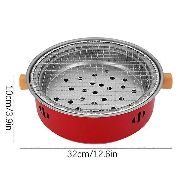 1 Piece Portable Charcoal Grill, Tabletop Iron BBQ with Removable Grate for Indoor Camping, Home Barbecues and Parties, Red