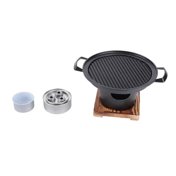 1 Piece Korean Smokeless Charcoal BBQ Grill, Aluminium Grill with Wood Base for Home Barbecues, Black, 26 x 21 x 12.5 cm