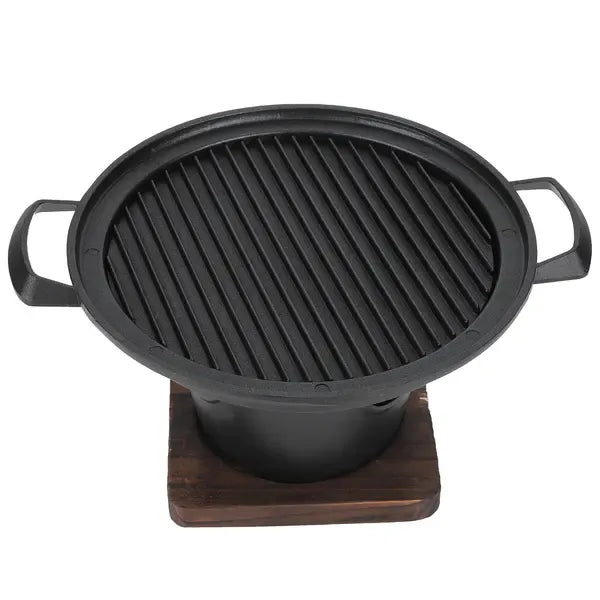 1 Piece Korean Smokeless Charcoal BBQ Grill, Aluminium Grill with Wood Base for Home Barbecues, Black, 26 x 21 x 12.5 cm
