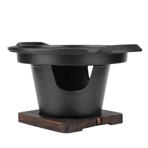 1 Piece Korean Smokeless Charcoal BBQ Grill, Aluminium Grill with Wood Base for Home Barbecues, Black, 26 x 21 x 12.5 cm