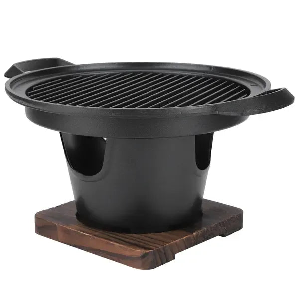 1 Piece Korean Smokeless Charcoal BBQ Grill, Aluminium Grill with Wood Base for Home Barbecues, Black, 26 x 21 x 12.5 cm