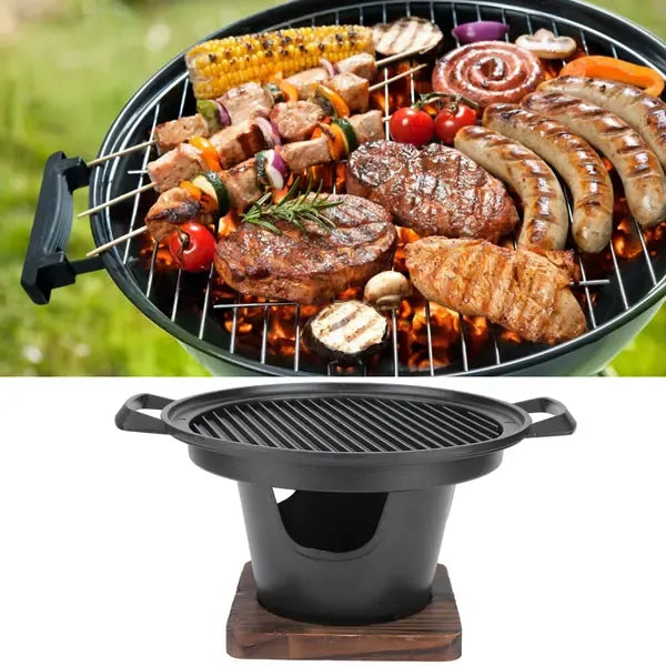 1 Piece Korean Smokeless Charcoal BBQ Grill, Aluminium Grill with Wood Base for Home Barbecues, Black, 26 x 21 x 12.5 cm