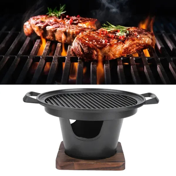 1 Piece Korean Smokeless Charcoal BBQ Grill, Aluminium Grill with Wood Base for Home Barbecues, Black, 26 x 21 x 12.5 cm
