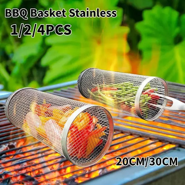 4 Pack 304 Stainless Steel Rotisserie Grill Baskets with Stand, Cylindrical Mesh Tubes for Outdoor BBQ, Silver, 30 cm