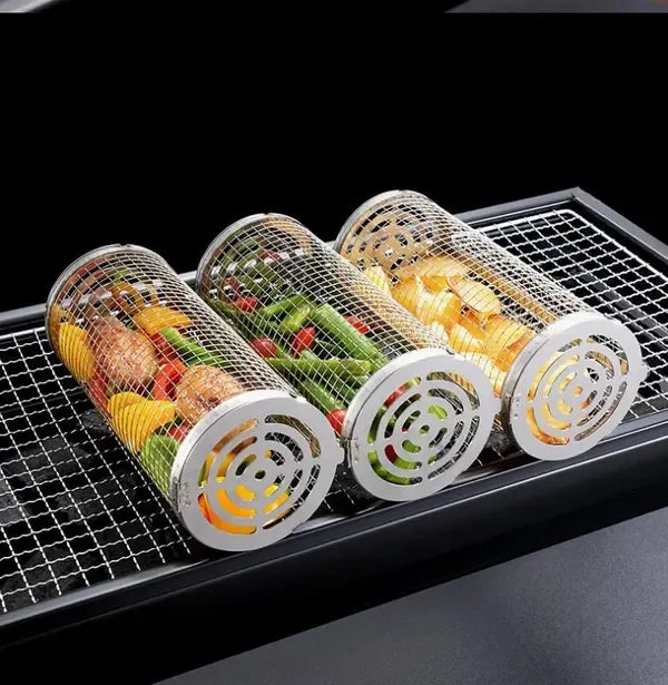 2 Pack Stainless Steel Rolling Grill Baskets with Hooks and Forks for Vegetables, Seafood, Camping and Home BBQ, Silver, 31 cm and 21 cm