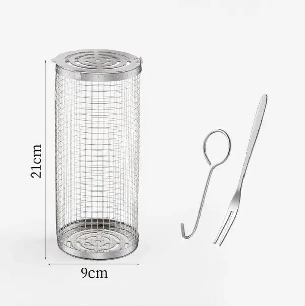 2 Pack Stainless Steel Rolling Grill Baskets with Hooks and Forks for Vegetables, Seafood, Camping and Home BBQ, Silver, 31 cm and 21 cm