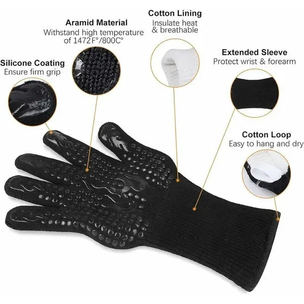 1 Pair Heat Resistant Aramid BBQ Grill Gloves with Non-Slip Grip for Ovens, Kitchens, Camping and Outdoor Cooking, Black
