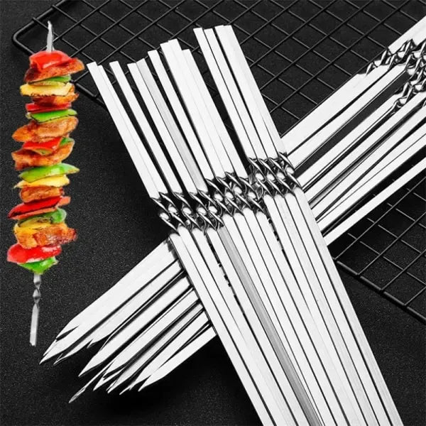10 Pack 304 Stainless Steel Flat Blade BBQ Skewers with Reusable Metal Kebab Sticks for Meat, Vegetables and Outdoor Grilling, Silver