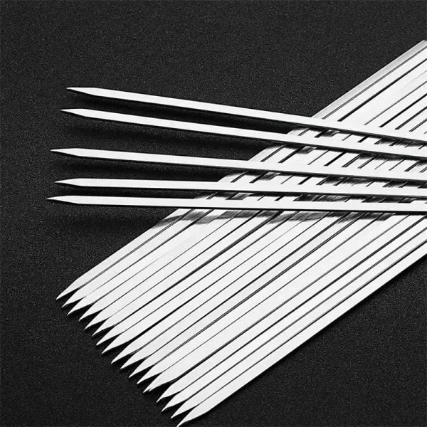 10 Pack 304 Stainless Steel Flat Blade BBQ Skewers with Reusable Metal Kebab Sticks for Meat, Vegetables and Outdoor Grilling, Silver