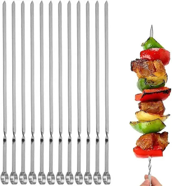 12 Pack Stainless Steel Flat Blade Kebab Skewers with Reusable Grill Sticks for Meat, Vegetables and BBQ Cooking, Silver, 33 cm