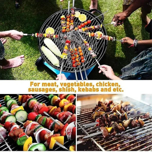 12 Pack Stainless Steel Flat Blade Kebab Skewers with Reusable Grill Sticks for Meat, Vegetables and BBQ Cooking, Silver, 33 cm