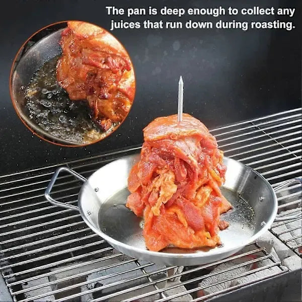 Vertical Stainless Steel Shawarma Skewer Rack with 3 Removable Spikes and Drip Pan for BBQ Roasting, Kebabs and Grilling, 23 cm